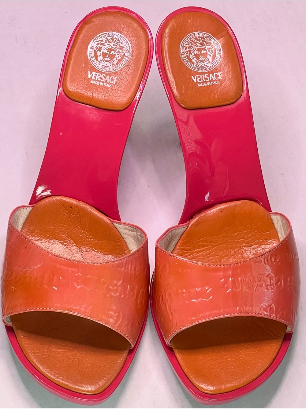 Vintage Versace Medusa Platform Mule Heels Pink Coral Orange Leather Size 39 Y2K - Picture 2 of 12